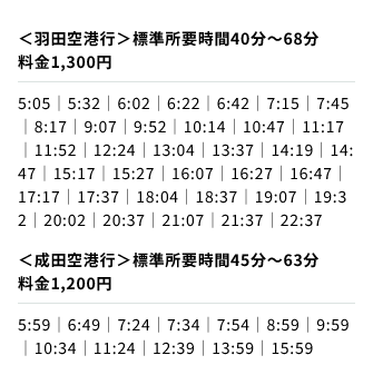 空港へのアクセス時刻表（SP）